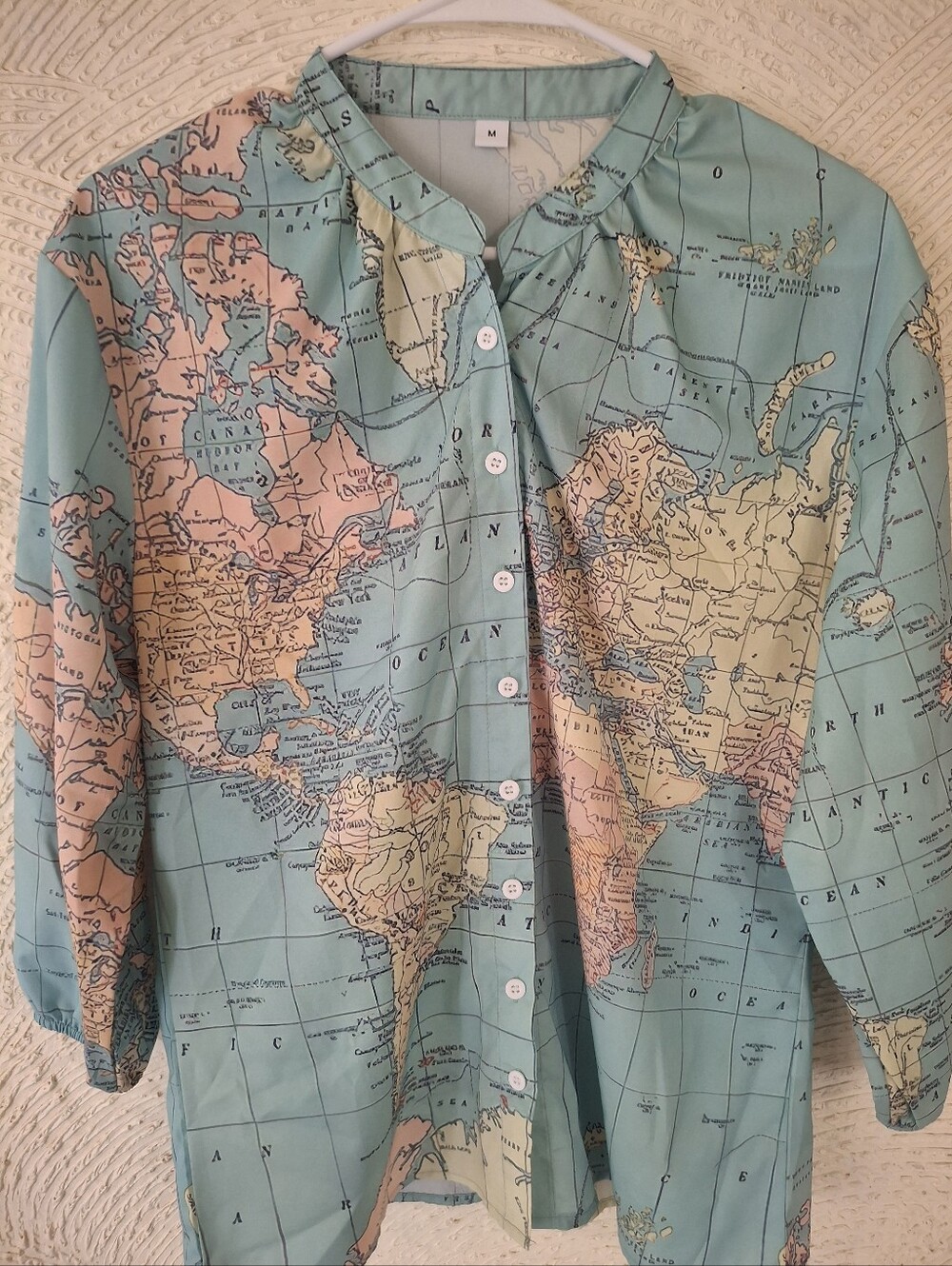 Source Unknown Map-Print Button-Down Shirt in Teal and Peach